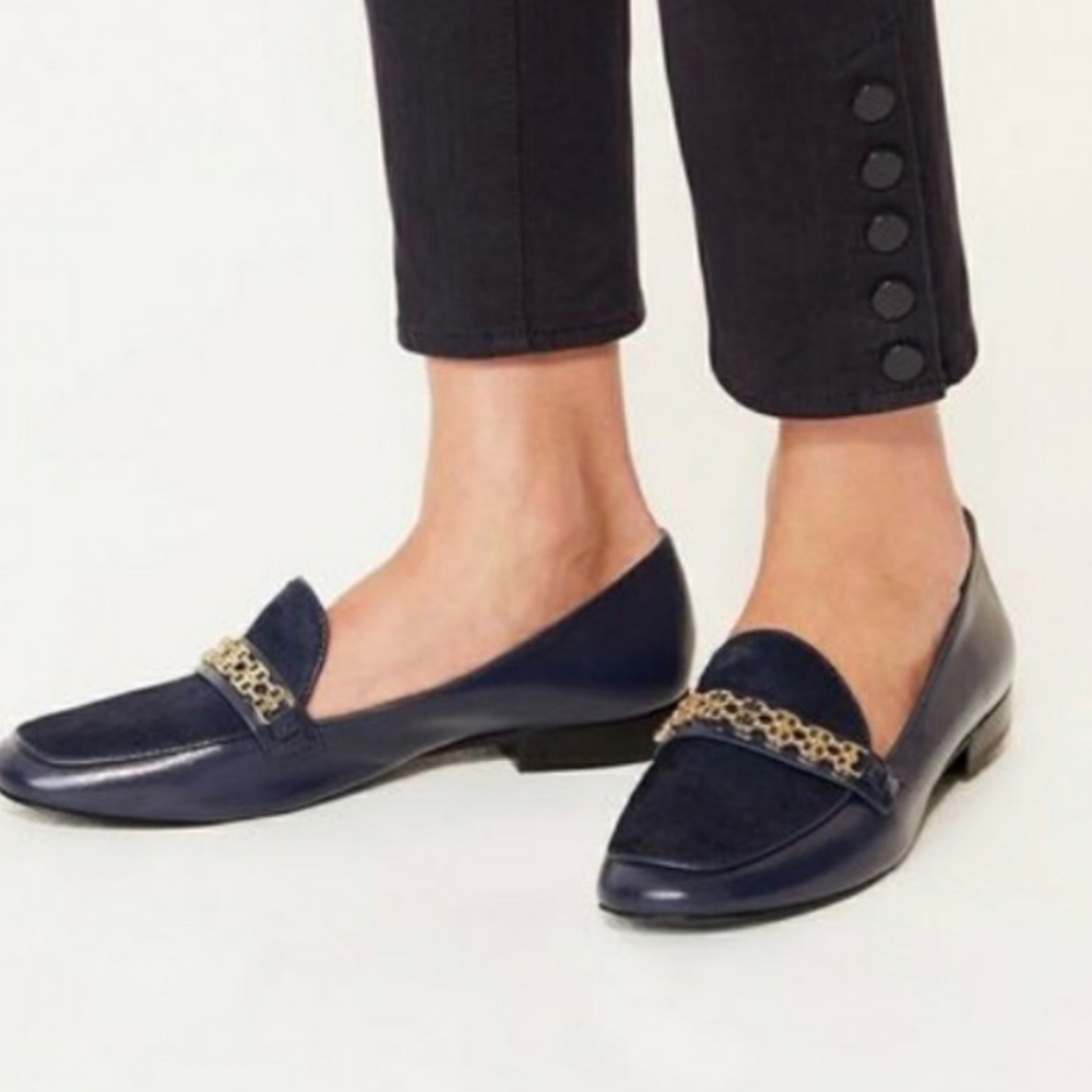 Tory Burch Navy Gemini Loafer with Calf Hair